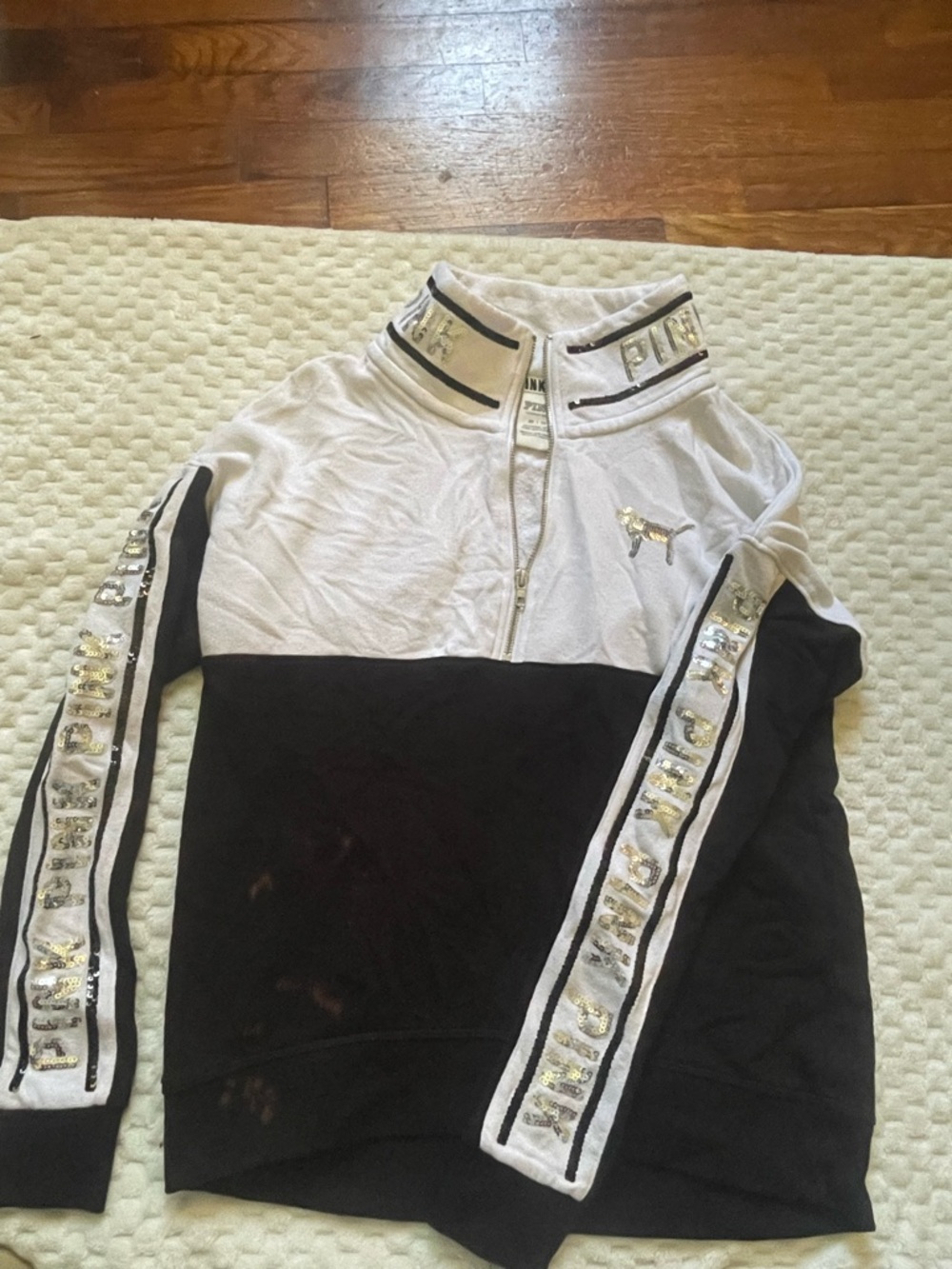 PINK Victoria's Secret Light Gray & Black Sequin-Trim Half Zip Pullover